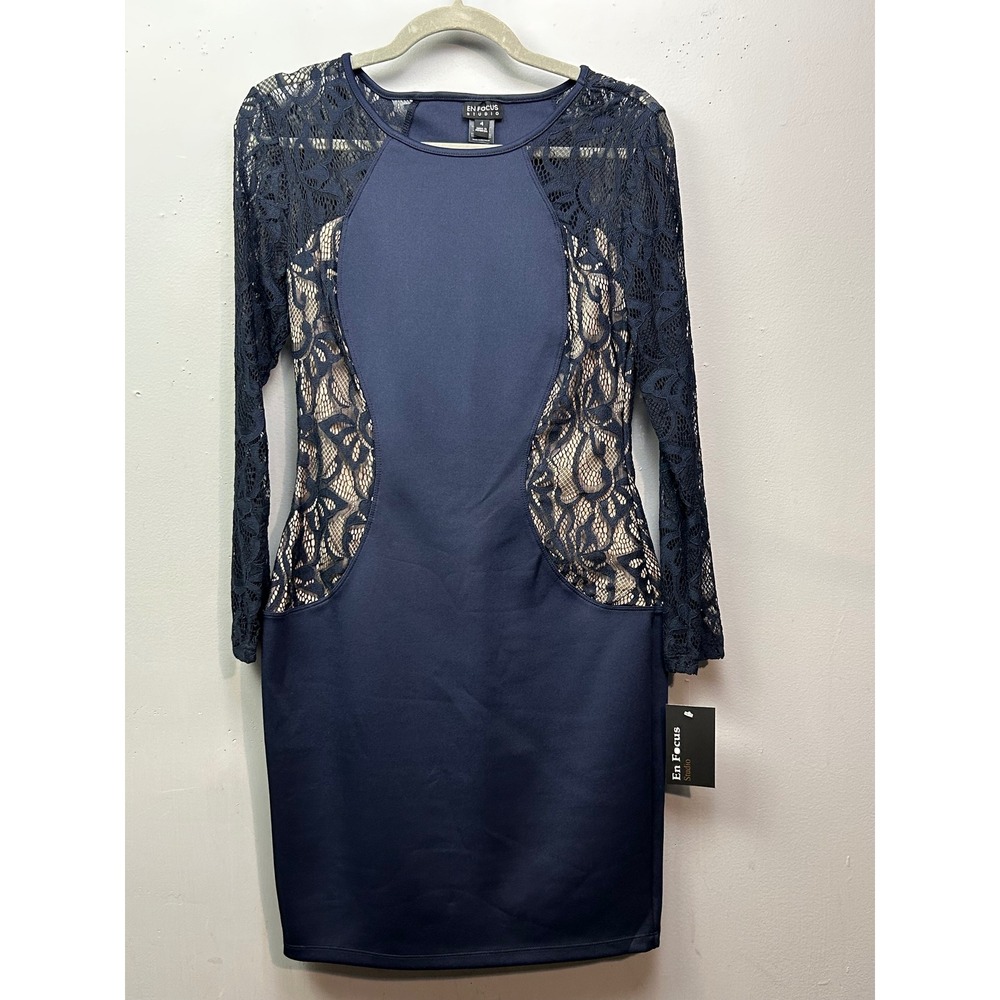 En Focus Studio Womens Dress Size 4‎ Navy Blue Lace Long Sleeve Sheath